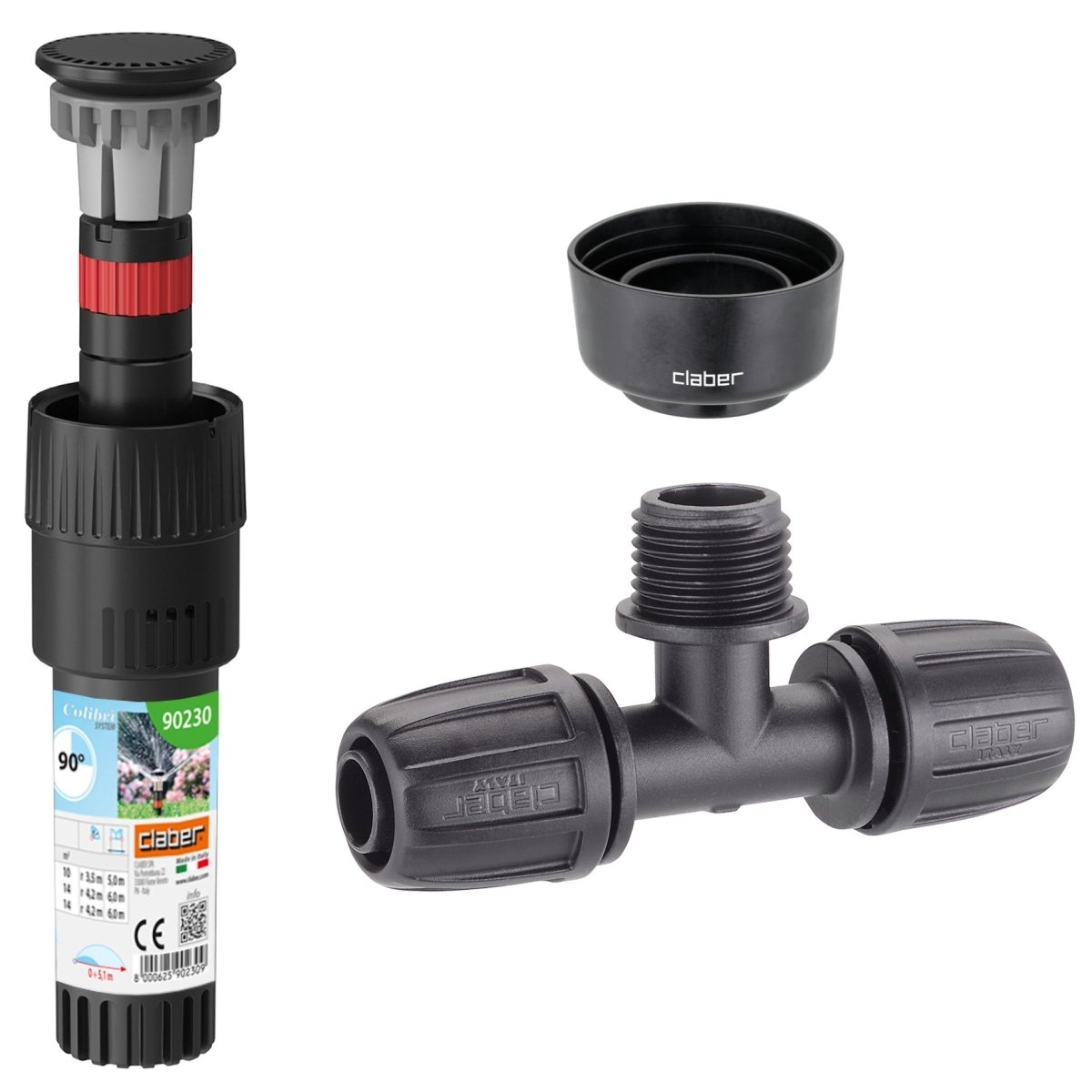 Claber Colibri 90230 90° Pop - Up Sprinkler, 3 - Way Connector & Collar Guard Bundle