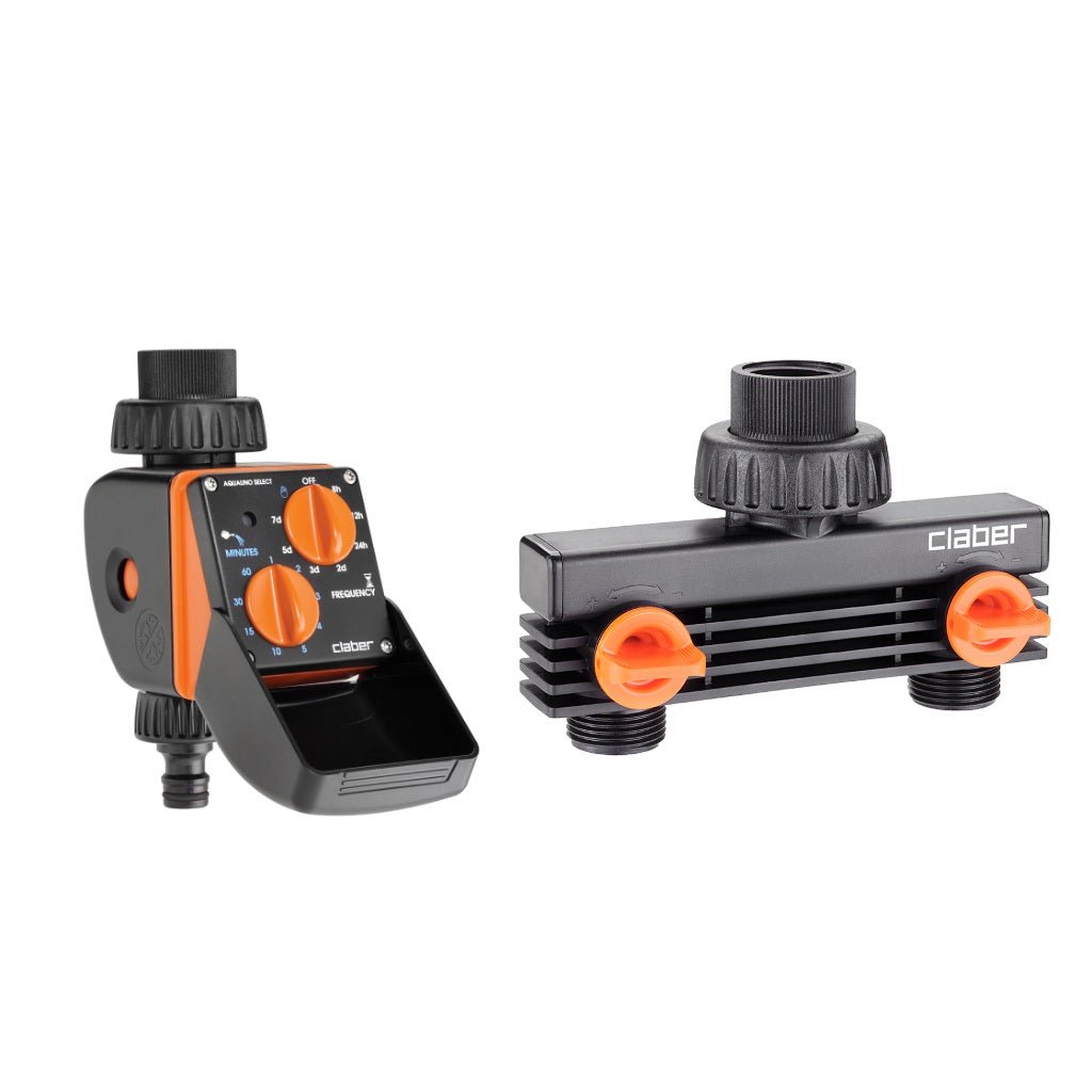 Claber 8423 Aquauno Select Water Timer and Double Tap Connector bundle